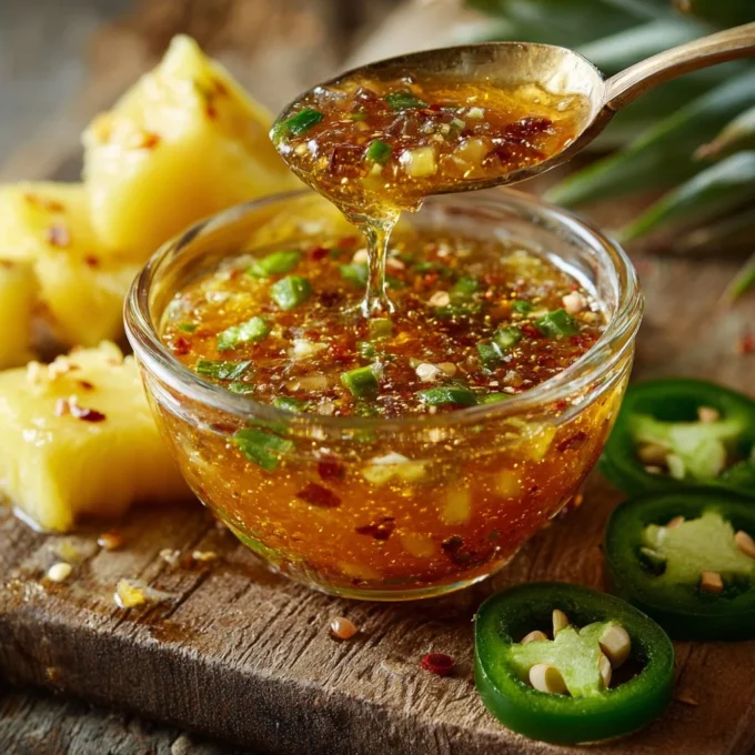 Fiery Pineapple Pepper Drizzle sauce in a glass bottle with peppers and pineapples