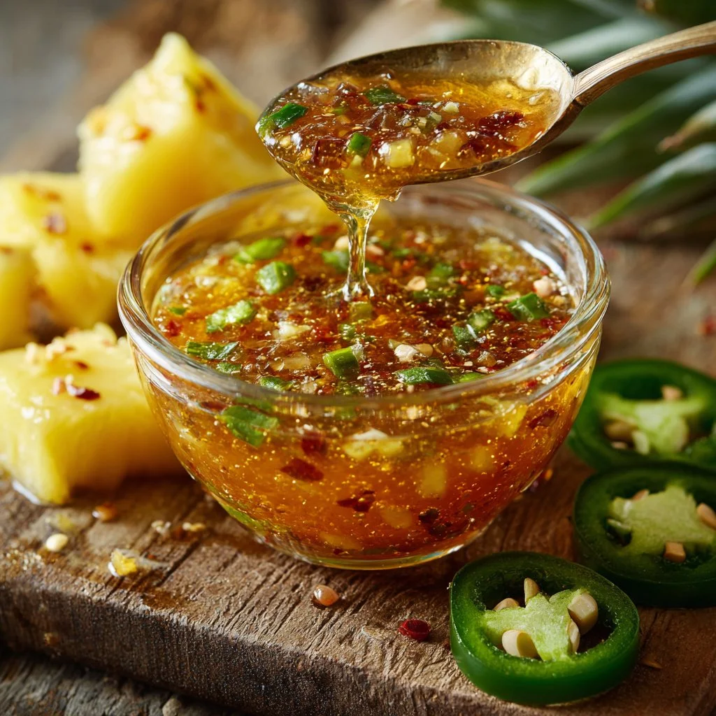 Fiery Pineapple Pepper Drizzle sauce in a glass bottle with peppers and pineapples
