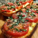 Garlic bread topped with fresh tomato and basil on a wooden cutting board