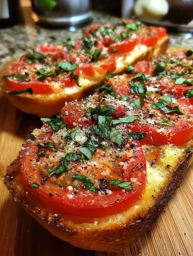 Garlic bread topped with fresh tomato and basil on a wooden cutting board
