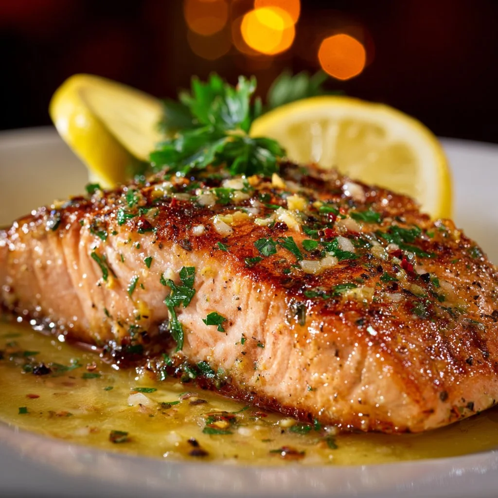 Grilled salmon fillet topped with lemon butter sauce on a plate.