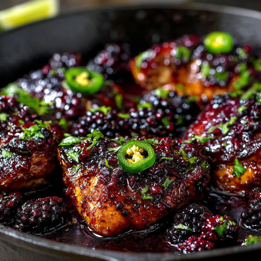 Delicious Honey Blackberry Chicken served with fresh blackberries.