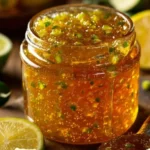 Homemade jalapeño lemon honey jam in a mason jar with fresh ingredients