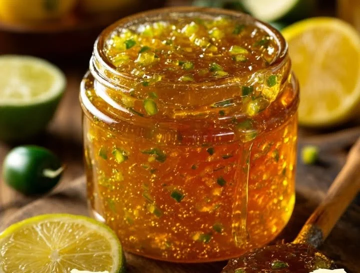Homemade jalapeño lemon honey jam in a mason jar with fresh ingredients
