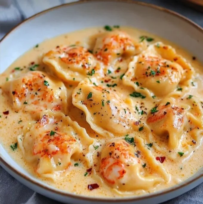 Delicious Lobster Ravioli served with garlic butter sauce