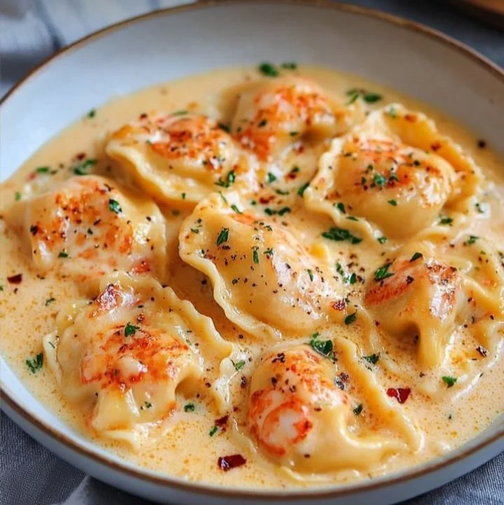 Delicious Lobster Ravioli served with garlic butter sauce