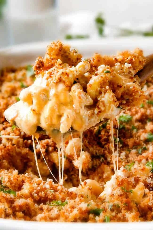 Creamy Mac and Cheese Casserole topped with breadcrumbs and cheese