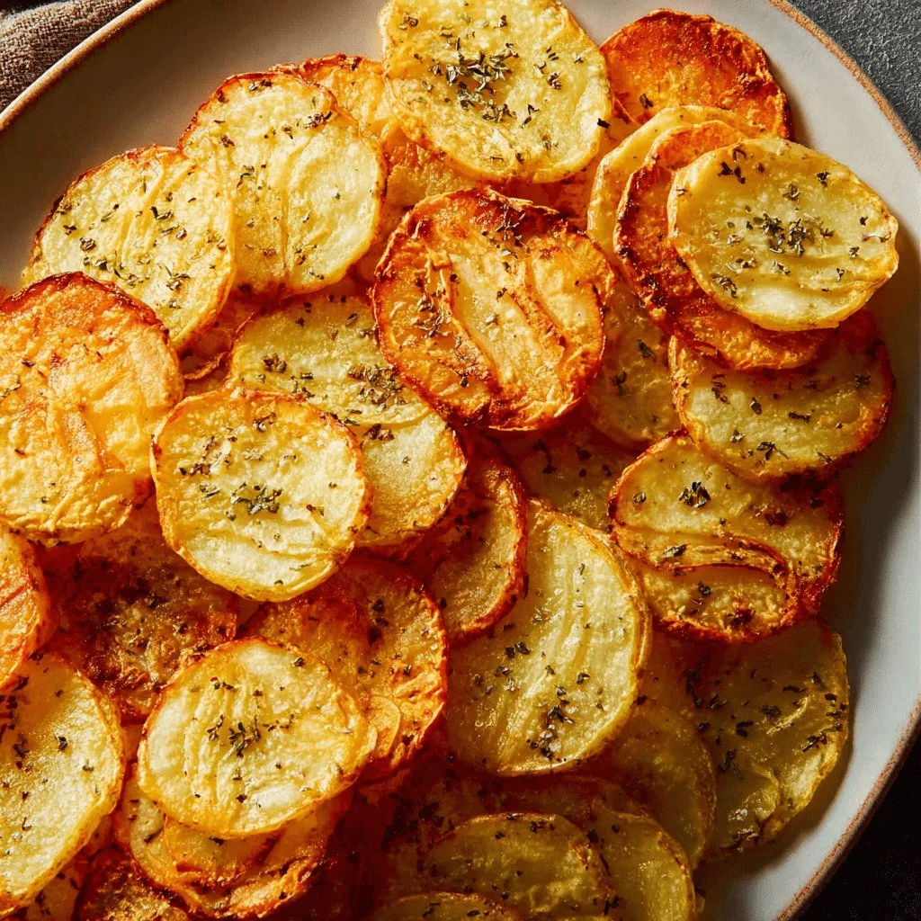 Oven baked potato slices arranged on a plate, garnished with herbs.
