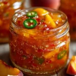 Homemade Peach Jam in a jar with fresh peaches