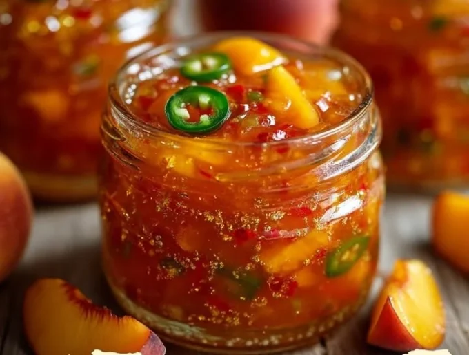 Homemade Peach Jam in a jar with fresh peaches
