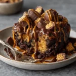 Delicious Peanut Butter Cup Dump Cake topped with chocolate and peanut butter