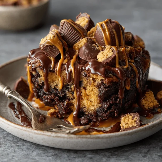 Delicious Peanut Butter Cup Dump Cake topped with chocolate and peanut butter cups
