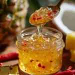 Jar of homemade pineapple jam on a kitchen counter