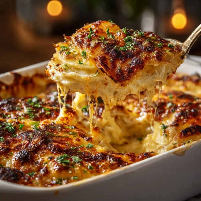 Deliciously baked Potatoes Au Gratin topped with creamy cheese and herbs