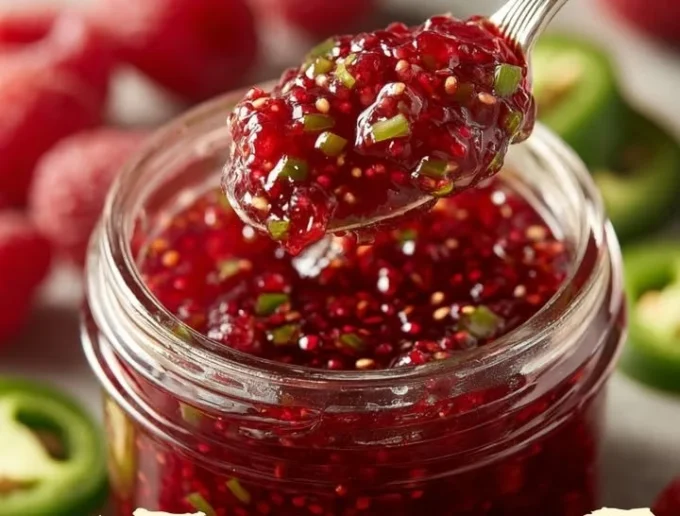 Jar of homemade Raspberry Jalapeño Jam with fresh raspberries and jalapeños