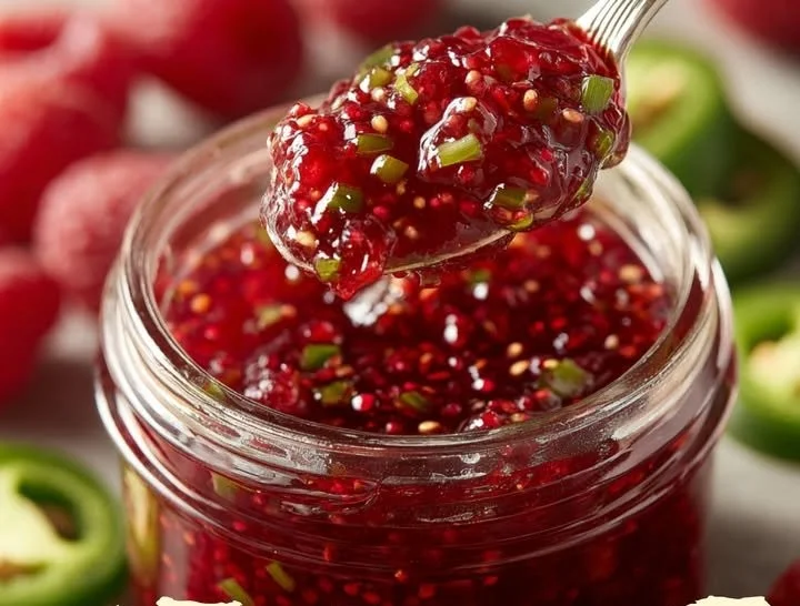Jar of homemade Raspberry Jalapeño Jam with fresh raspberries and jalapeños