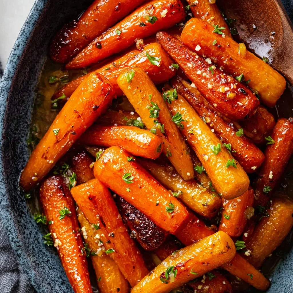 Roasted brown butter honey garlic carrots garnished and ready to serve