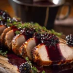 Delicious roasted pork loin with a rich blackberry herb reduction sauce.