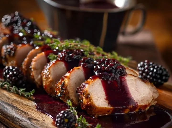 Delicious roasted pork loin with a rich blackberry herb reduction sauce.