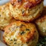 Freshly baked savory scones with herbs and cheese on a rustic wooden table.