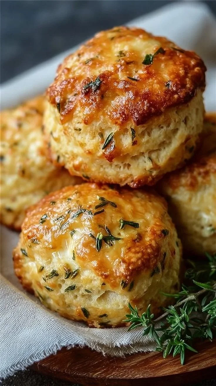 Freshly baked savory scones with herbs and cheese on a rustic wooden table.