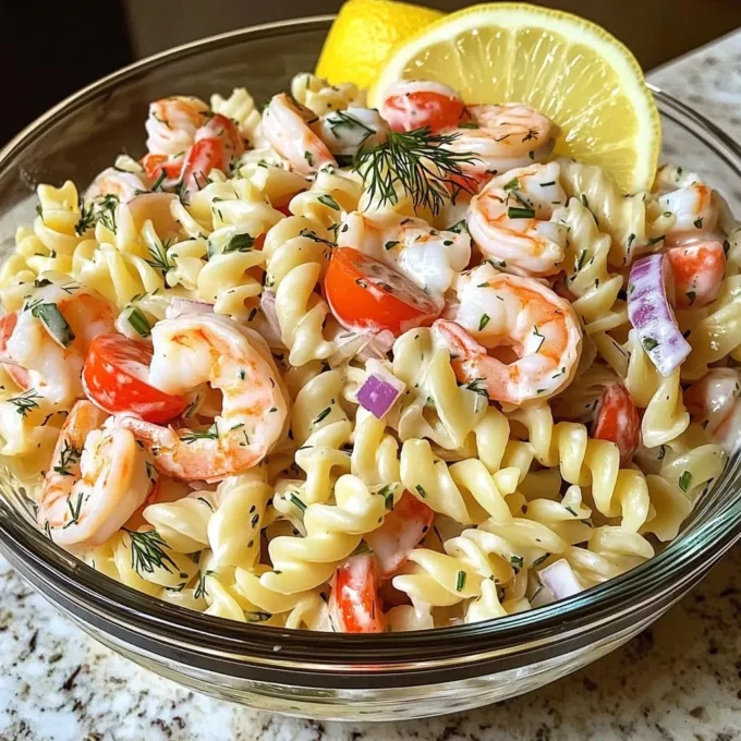 Delicious seafood pasta salad with shrimp, crab, and fresh vegetables