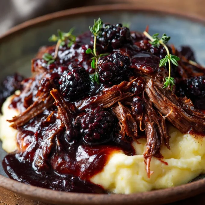 Slow Cooker Blackberry Balsamic Beef dish served with fresh herbs