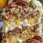 Delicious Southern Creamy Pineapple Pecan Cake on a decorative plate