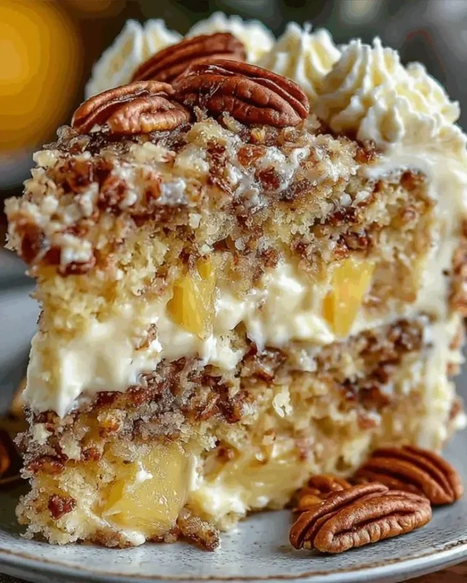 Delicious Southern Creamy Pineapple Pecan Cake on a decorative plate