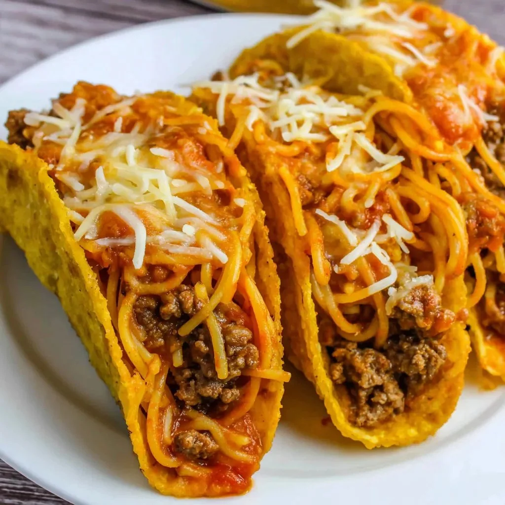 Delicious spaghetti tacos served in crispy taco shells topped with fresh ingredients.