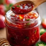 Homemade Strawberry Jalapeño Jam in a jar with fresh strawberries and jalapeños.