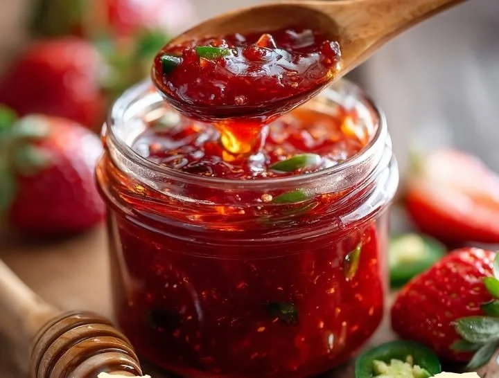 Homemade Strawberry Jalapeño Jam in a jar with fresh strawberries and jalapeños.
