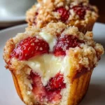 Delicious strawberry muffins with cream cheese topping on a wooden table