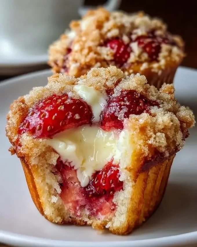 Delicious strawberry muffins with cream cheese topping on a wooden table