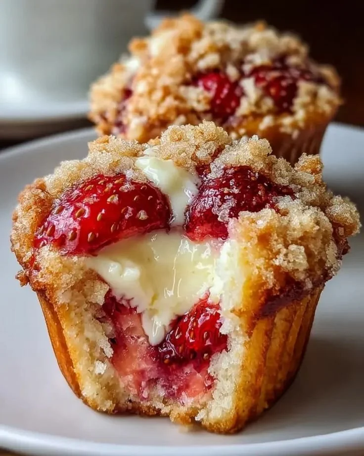 Delicious strawberry muffins with cream cheese topping on a wooden table