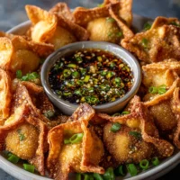 Stuffed chile wontons with jalapeño soy sauce garnished on a plate.