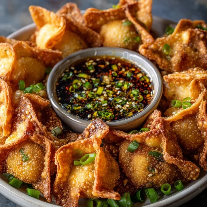 Stuffed chile wontons with jalapeño soy sauce garnished on a plate.