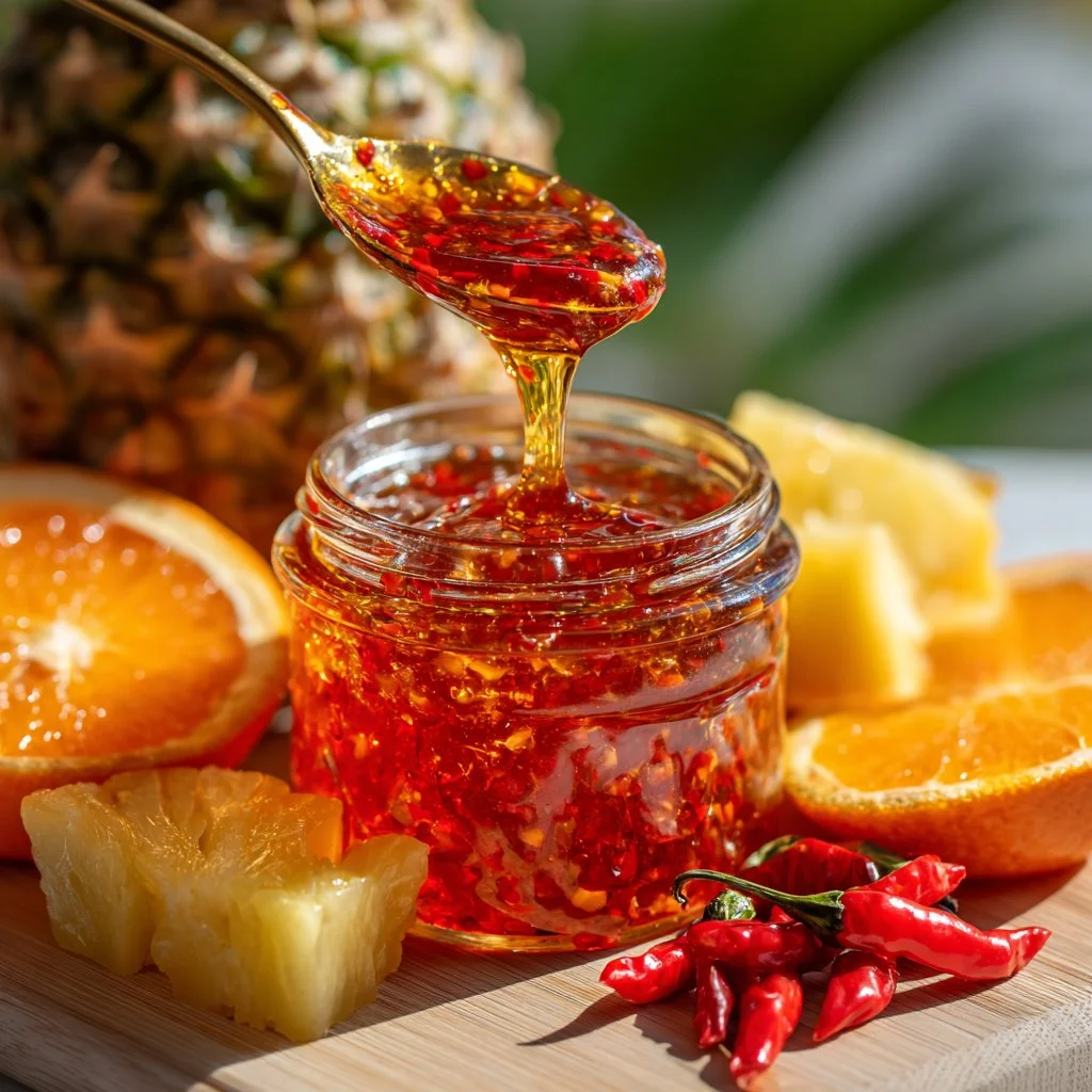 Jar of homemade sweet chili jam with vibrant color