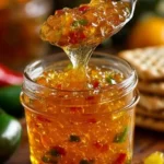 Jar of Sweet Heat Pineapple Jalapeño Pepper Jelly on a wooden table