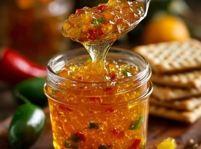 Jar of Sweet Heat Pineapple Jalapeño Pepper Jelly on a wooden table