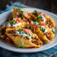 Delicious taco stuffed shells filled with seasoned meat and cheese