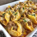 Delicious Taco Stuffed Shells filled with seasoned meat and cheese.
