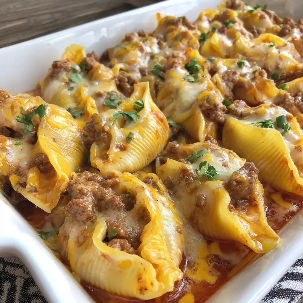 Delicious Taco Stuffed Shells filled with seasoned meat and cheese.