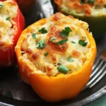 Three cheese macaroni stuffed peppers garnished and ready to serve
