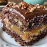 Delicious Turtle Cake topped with caramel and pecans