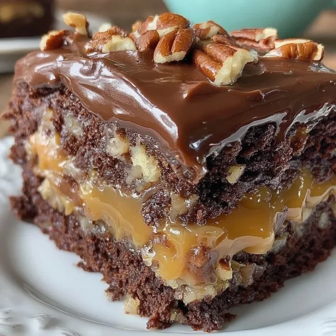 Delicious Turtle Cake topped with caramel and pecans
