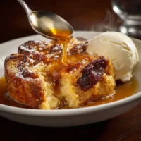 Delicious warm Ruth's Chris-style bread pudding served with rich sauce.