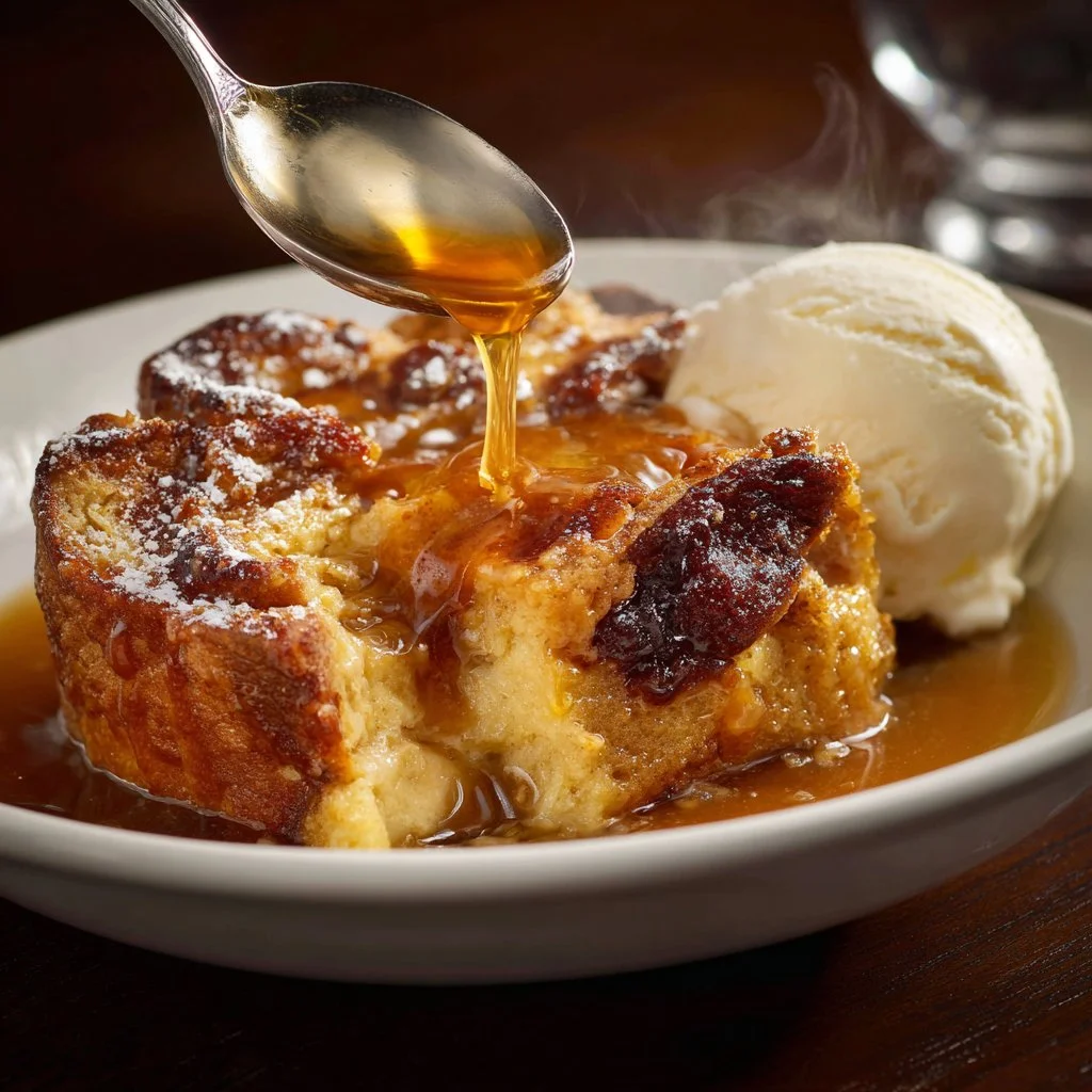 Delicious warm Ruth's Chris-style bread pudding served with rich sauce.
