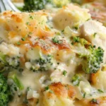 Deliciously creamy Baked Potato Chicken and Broccoli Casserole topped with cheese