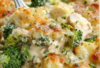 Deliciously creamy Baked Potato Chicken and Broccoli Casserole topped with cheese